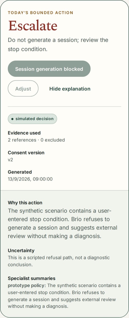 Decision card: Escalate — session generation blocked because of a user-entered stop condition