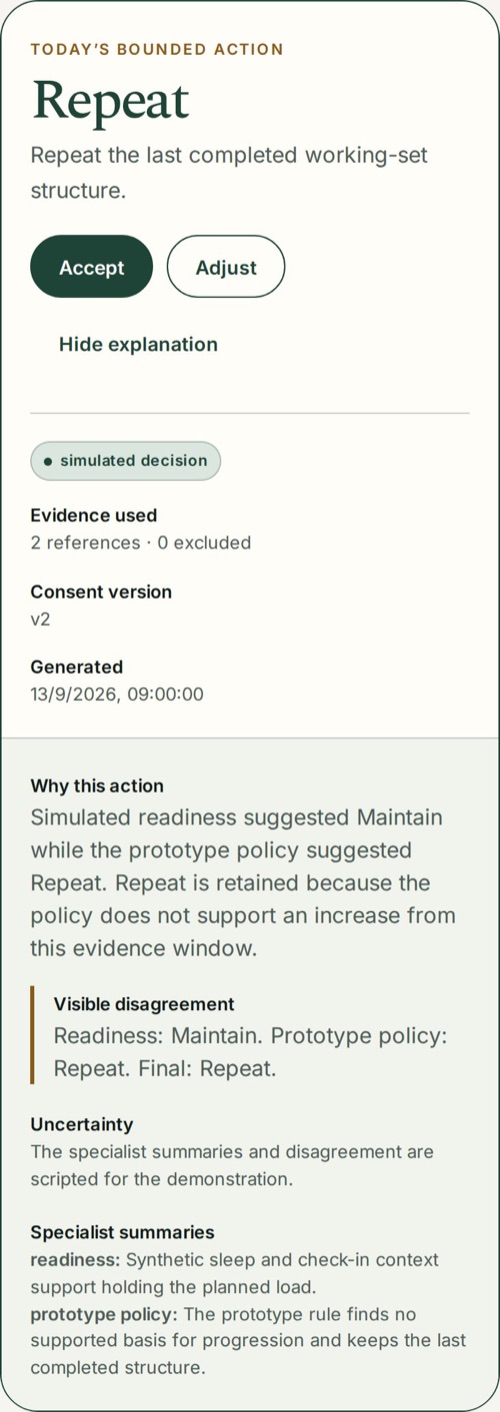 Decision card: Repeat — readiness agent suggested Maintain, policy suggested Repeat, the visible disagreement is shown