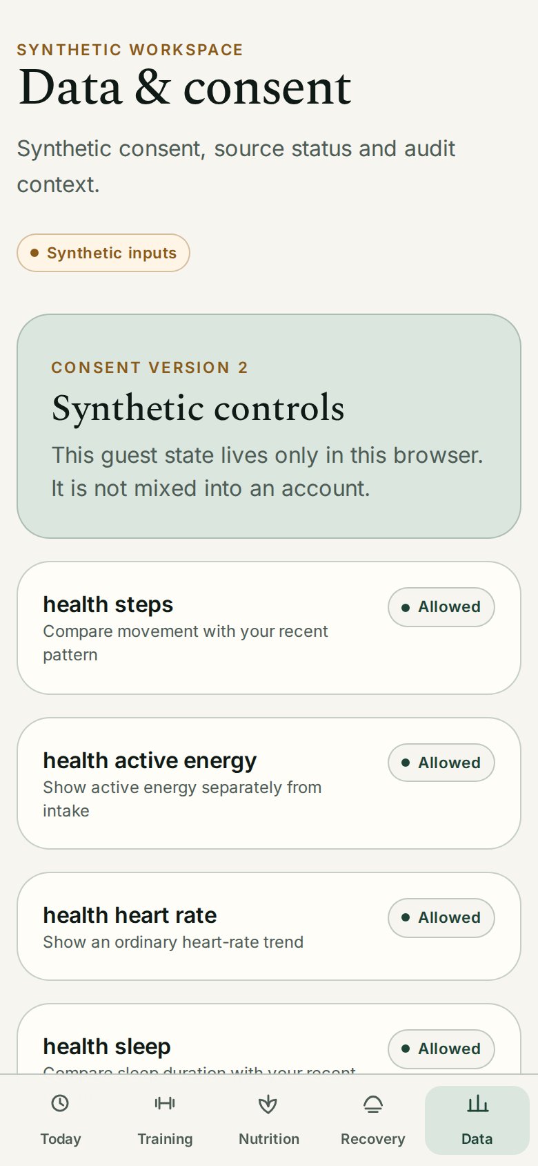 Brio Data and consent screen on mobile — one consent control per health signal, each with its purpose