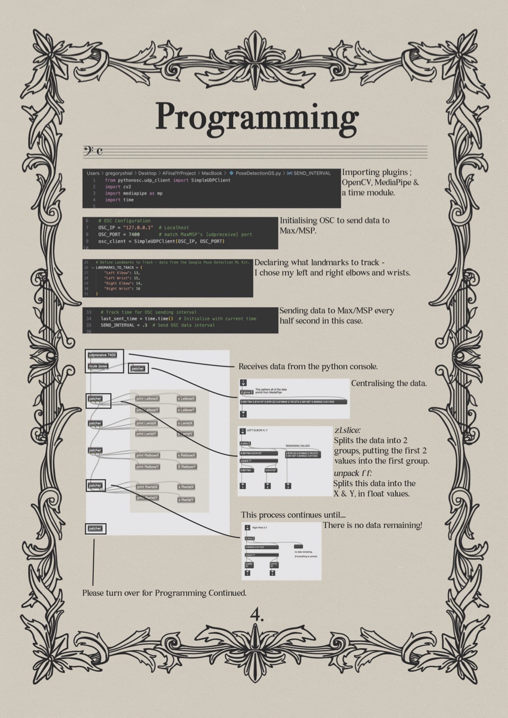 Programming — the Python pose-tracking code and the Max/MSP parser
