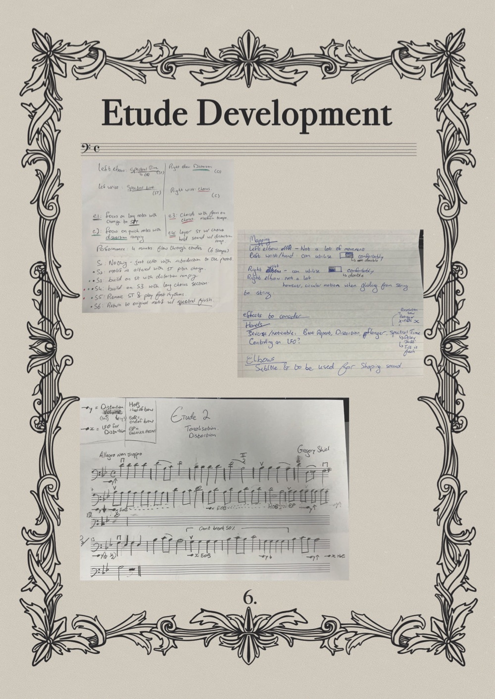 Etude development — handwritten notes and score sketches